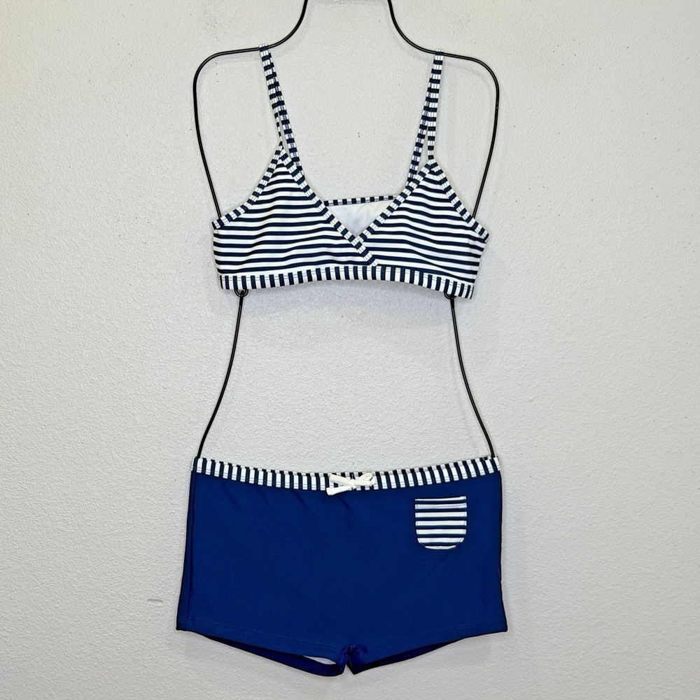 Tommy Bahama 2 Piece Swimsuit Girls Size 16 Blue Striped Trianlge Top Boy Shorts